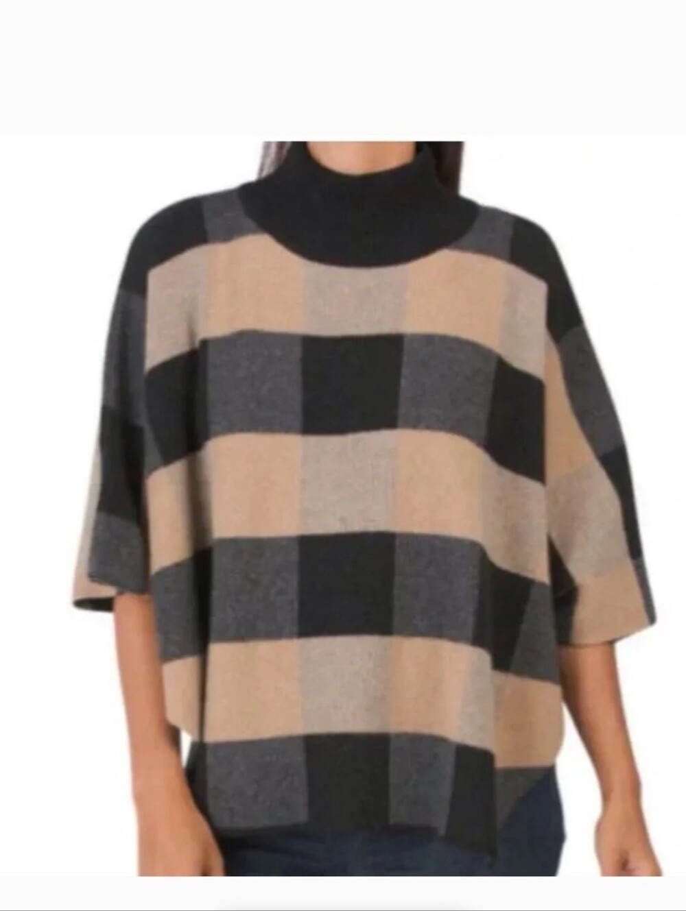 NOTE DI ANITA Wool Cashmere Plaid Mock Neck Dolman Sleeve Poncho Sweater OS